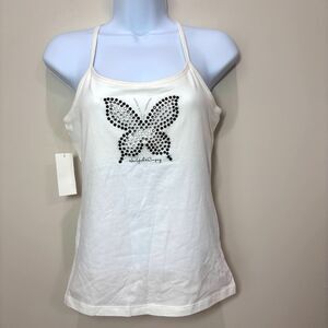 NY & Co 90s White Tank Top Black Butterfly Rhinstones Women S Racerback Y2K NWT
